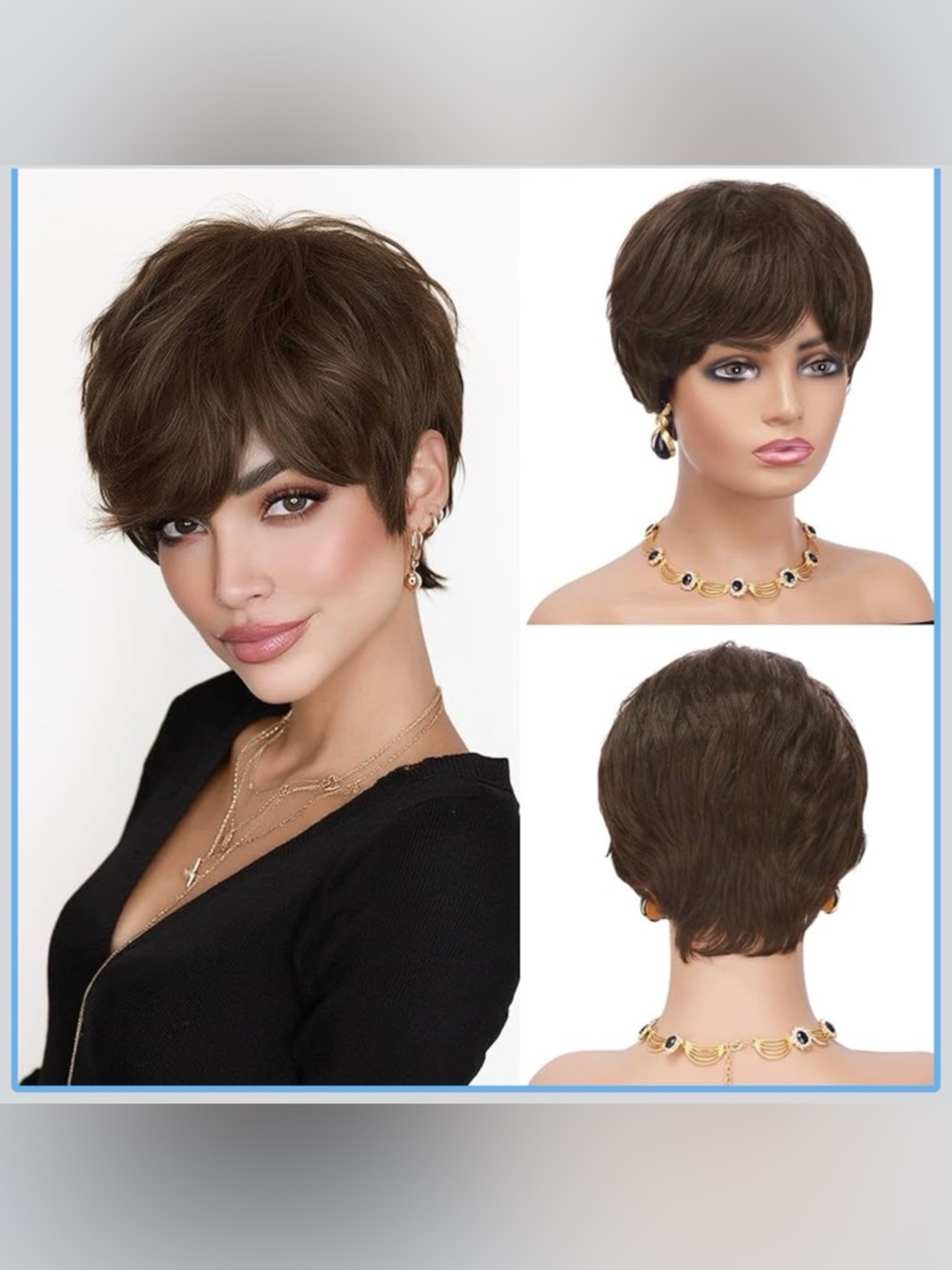 NWOT Pixie Cut Wig Human Hair Short Straight Wig with Bangs Dark Brown